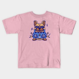 Cute Bulldog With Boombox Music Cartoon Kids T-Shirt